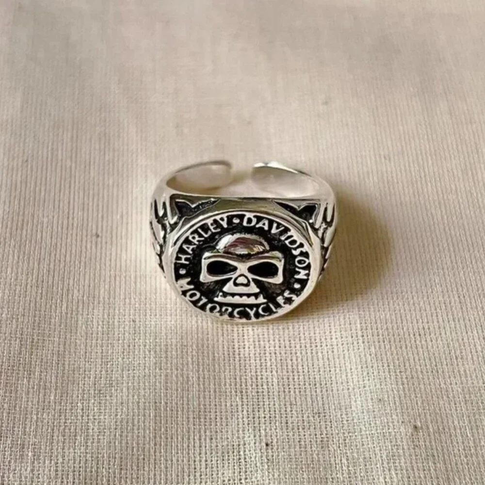 Vintage Harley biker flame skull silver chrome ring